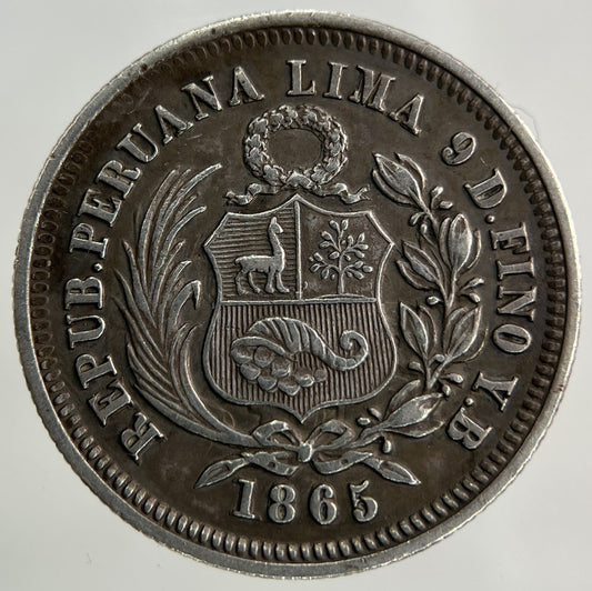 1865 Peru 1/5 Sol Silver Coin | Very High Grade