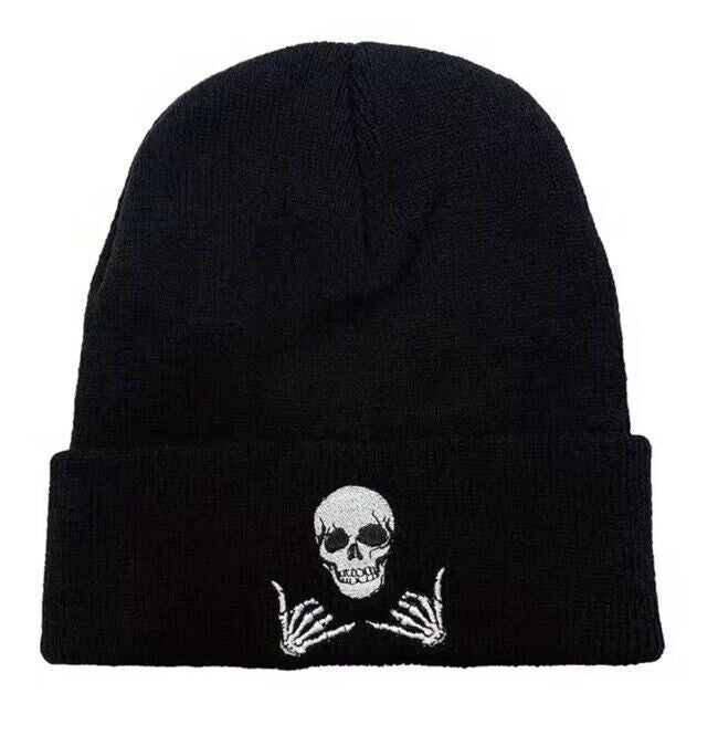 Mens Womens Casual Black Cotton Skull Cap Bobble Hat UK