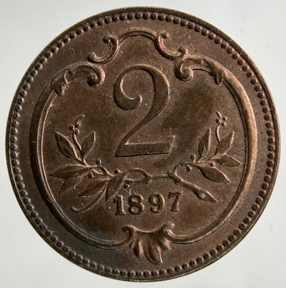 1897 Austria 2 Hellers Coin | Very Fine Grade