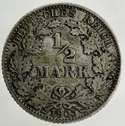1905 Germany 1/2 Half Mark Silver Coin | Fine Collectable Grade