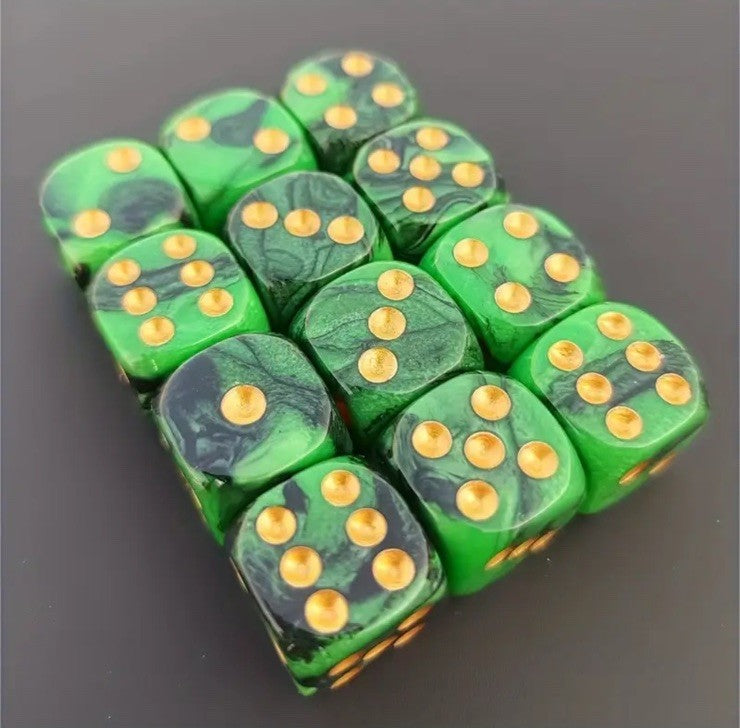12 x Green / Gold 12mm Dice Dungeons and Dragons RPG Role Playing Board Game