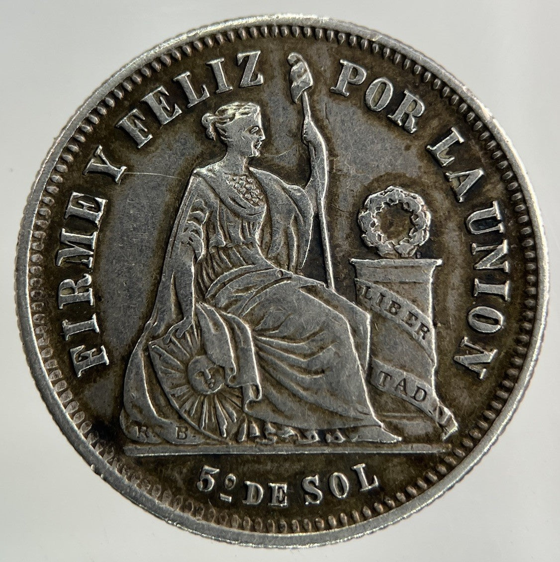 1865 Peru 1/5 Sol Silver Coin | Very High Grade