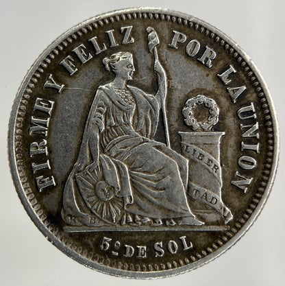 1865 Peru 1/5 Sol Silver Coin | Very High Grade