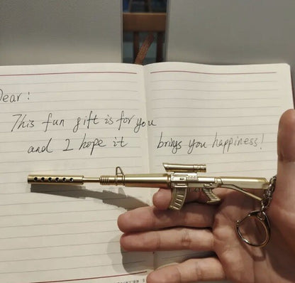 Assault Rifle Gold Gun Shaped Gel Ink Pen Keyring Premium Keychain Gift UK