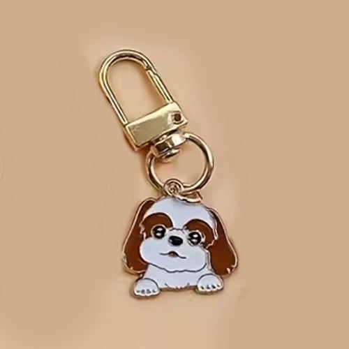 Mini Metal Cute Brown & White Dog Charm Keyring Keychain Gift UK