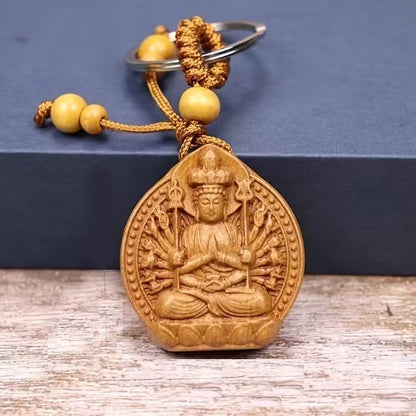 Mini Lucky Buddha Buddhism Shaped Carved Wood Keyring Premium Keychain Gift UK