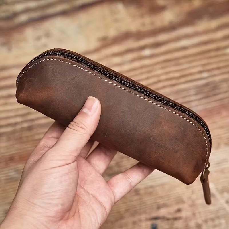 Cowhide Vintage Style Pencil Case Premium Genuine Leather Glasses Storage Bag