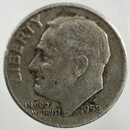 1958 - D US USA Roosevelt Dime Silver Coin | Collectable Grade