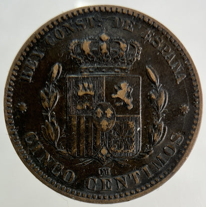 1879 Spain 5 Cinco Centimos Coin | Fine Collectable Grade