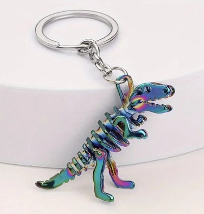 Mini Metal Multicoloured T - Rex Dinosaur Shaped Keyring Premium Keychain Gift UK