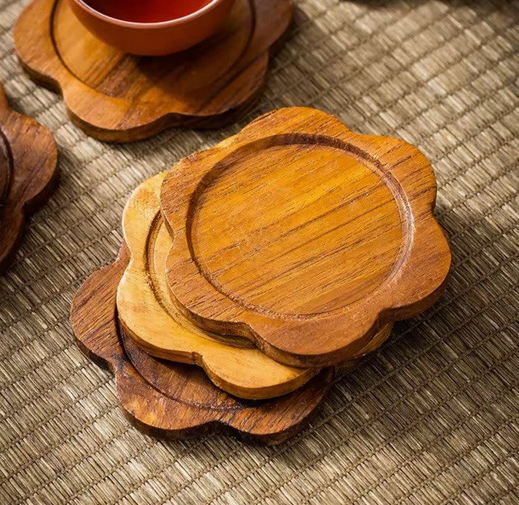 1 x Wooden Carved Flower Shaped Coaster Tabletop Coffee Drink Rustic Tray