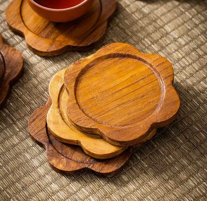 1 x Wooden Carved Flower Shaped Coaster Tabletop Coffee Drink Rustic Tray