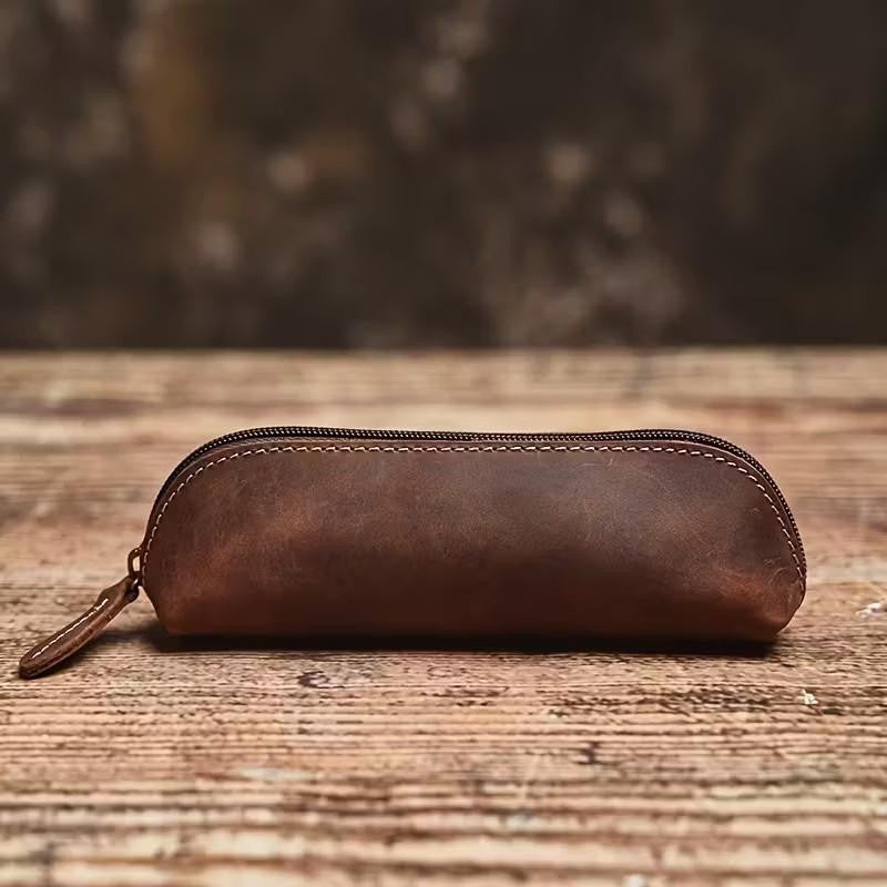 Cowhide Vintage Style Pencil Case Premium Genuine Leather Glasses Storage Bag