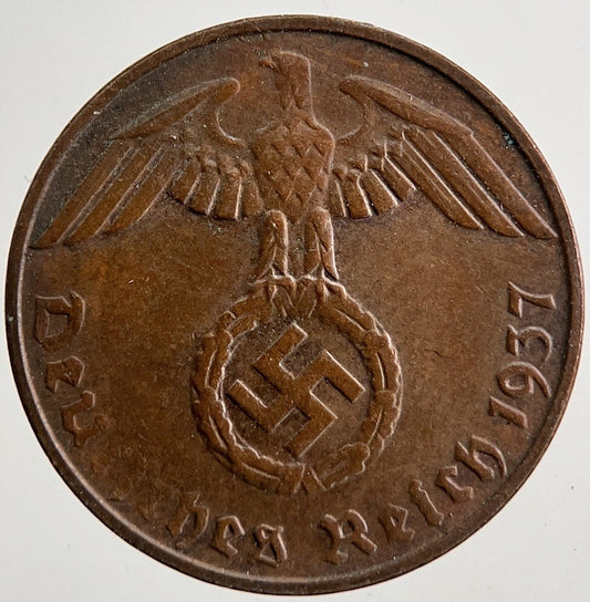 1937 - D Nazi Germany 1 Pfennig Coin | Very High Grade
