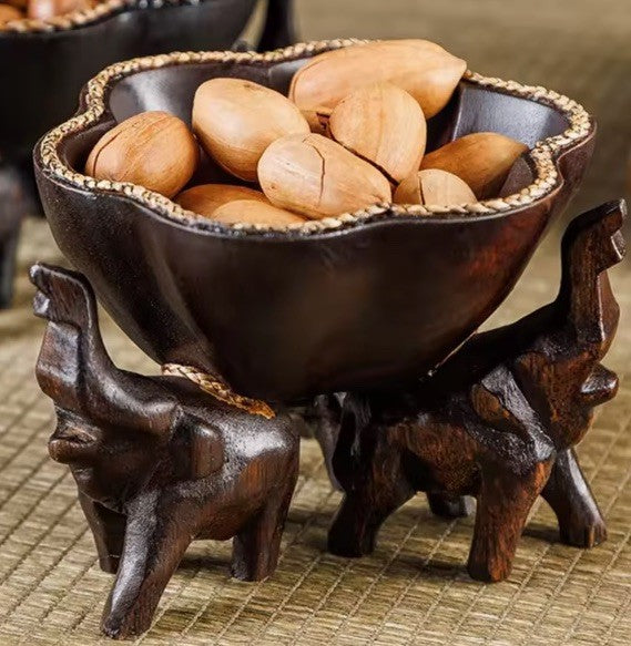 Wooden Hand Carved Elephant Tabletop Nuts seeds Fruit Sweet Tray Bowl Dish