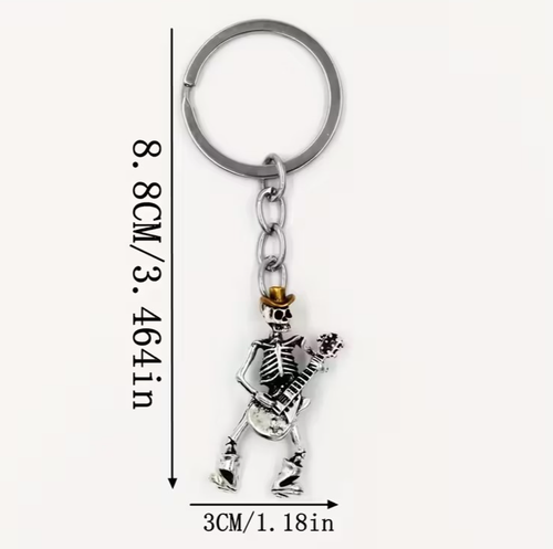 Mini Metal Skeleton Playing Guitar With Golden Hat Keyring Keychain Gift UK