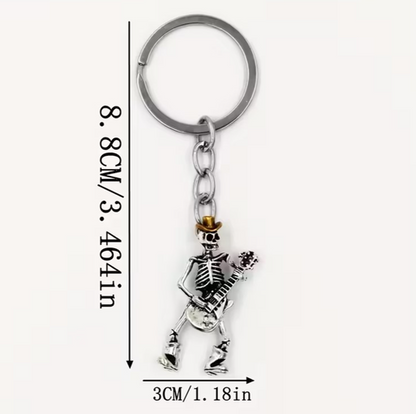 Mini Metal Skeleton Playing Guitar With Golden Hat Keyring Keychain Gift UK