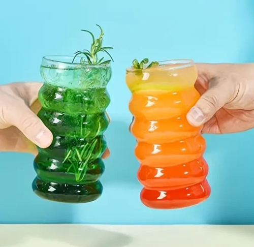 x2 470ml Ribbed Glasses with Straws Transparent Glass Cup Summer Mug Gift UK