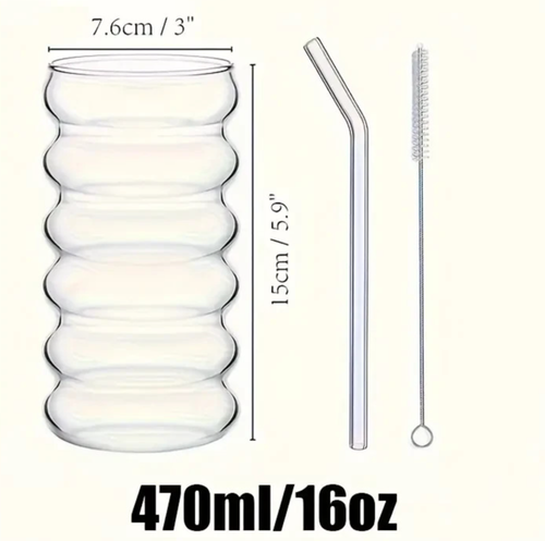 x2 470ml Ribbed Glasses with Straws Transparent Glass Cup Summer Mug Gift UK
