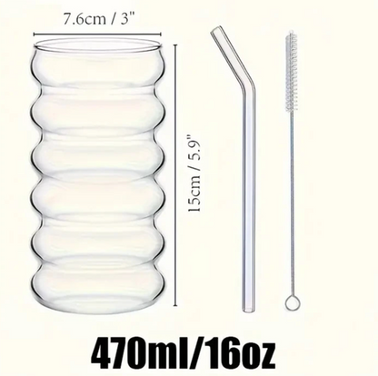 x2 470ml Ribbed Glasses with Straws Transparent Glass Cup Summer Mug Gift UK