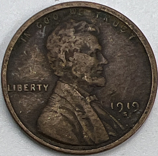 1919 S US USA Lincoln Wheat One Cent | American Copper Coin | Fine Grade | a467