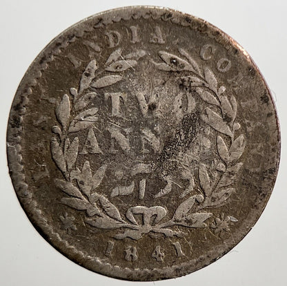 1841 India 2 Two Annas Silver Coin | Fair Grade | a2776