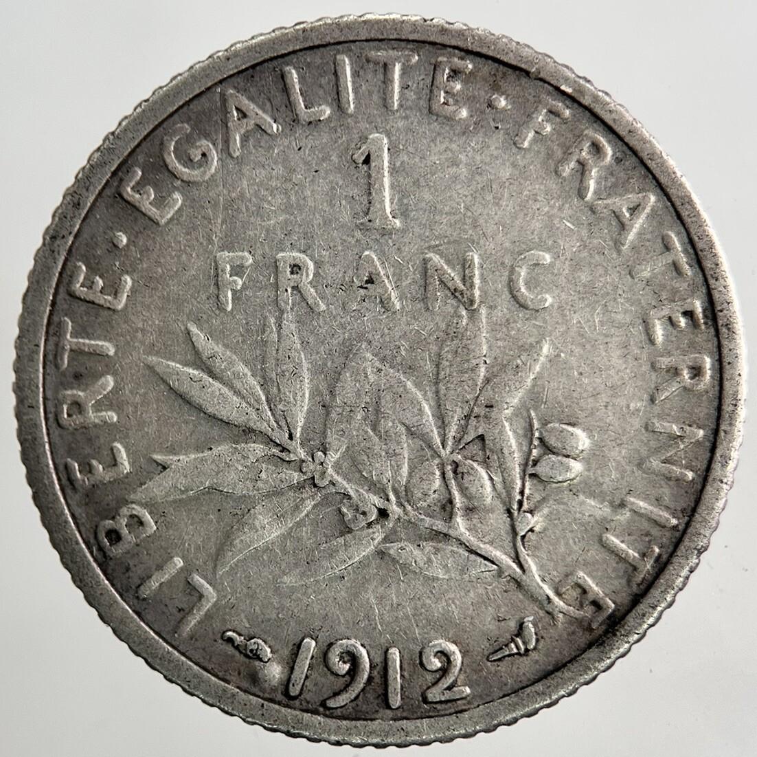 1912 France 1 One Franc Silver Coin | Fine Collectable Grade | a9443