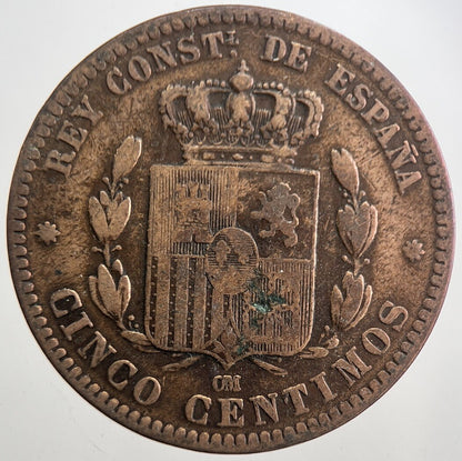 1877 Spain Cinco 5 Centimos Coin | Collectable Grade | a7715