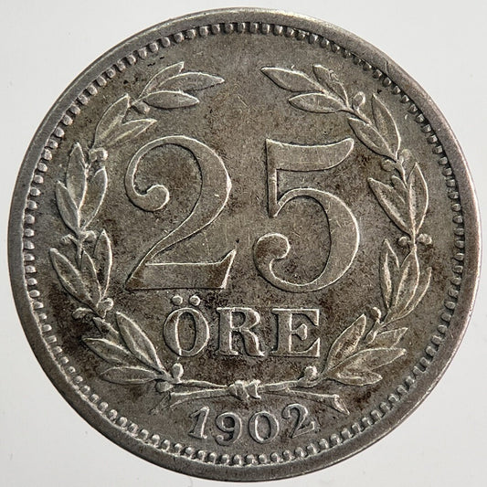1902 Sweden 25 Ore Silver Coin | Fine Collectable Grade | a6132