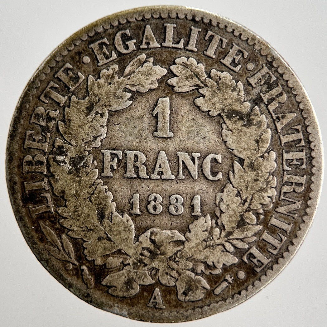 1881-A French 1 One Franc Silver Coin | Collectable Grade | a2506