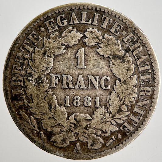1881-A French 1 One Franc Silver Coin | Collectable Grade | a2506