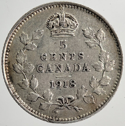 1918 Canada 5 Cents Silver Coin | Fine Collectable Grade | a6386