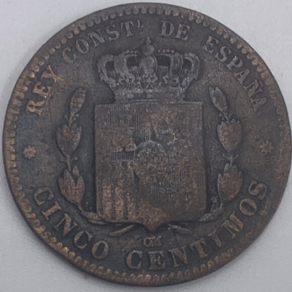 1879 Cinco Centimos 5 Spain Coin | Fair Grade | a428