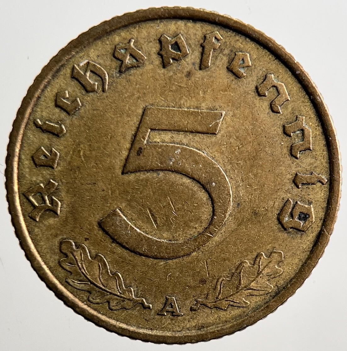 1938-A Germany Nazi 5 Pfennig Coin | Very High Grade | a3114