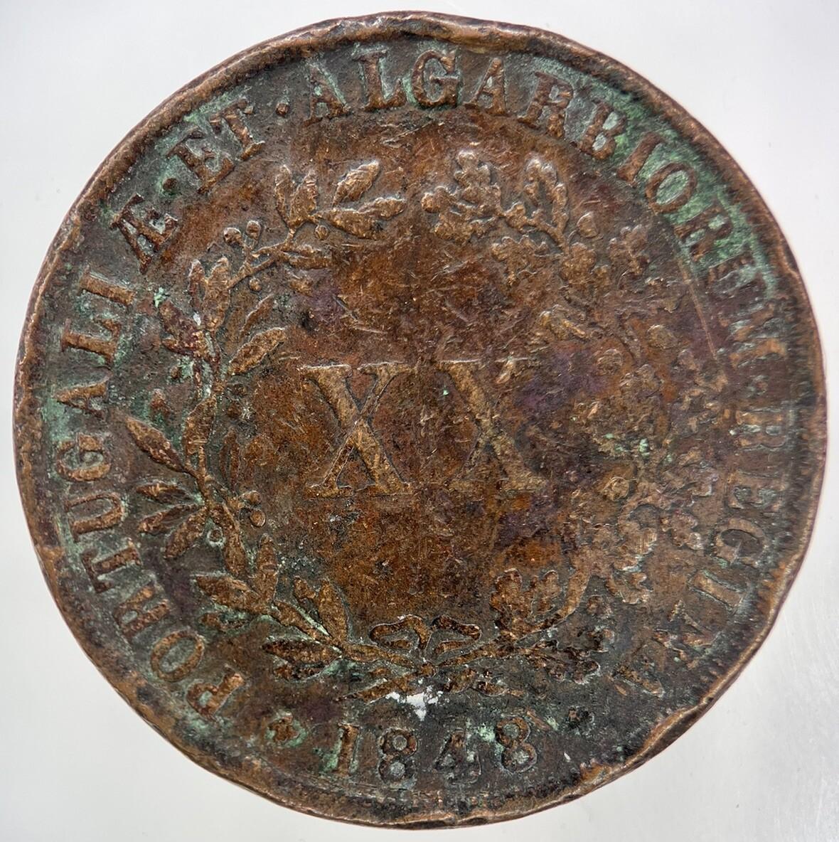 1848 Portugal XX 20 Reis Coin | Fine Collectable Grade | a1358