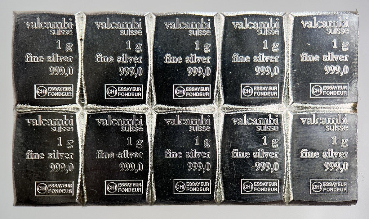 10 x 1g Grams Valcambi Suisse Silver Bullion Bars