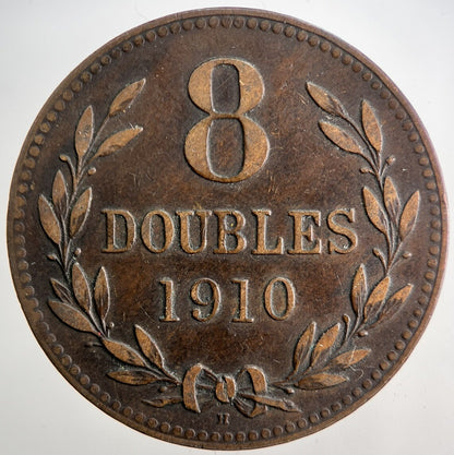 1910 Guernsey 8 Doubles Coin | Fine Collectable Grade | a5718
