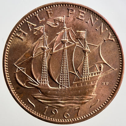 1967 Elizabeth II 2nd British Half-Penny Boat Rough Water Coin | UNC Grade