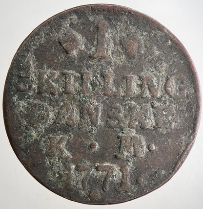1771 Denmark 1 Skilling Danske Coin | Fine Collectable Grade | a9691