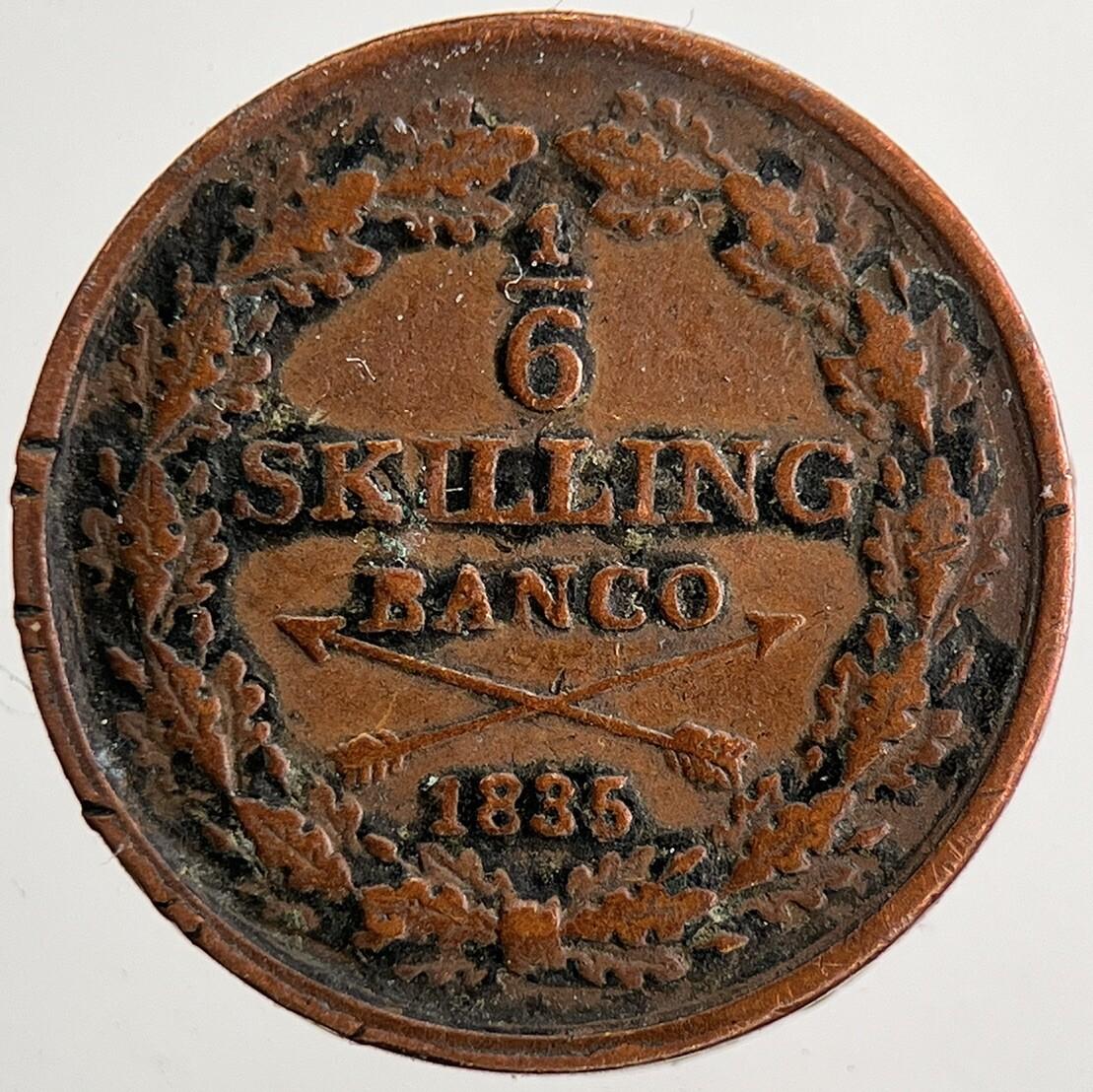 1835 Sweden 1/6 Skilling Coin | Fine Collectable Grade | a9696