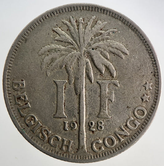 1928 Belgium Congo 1 Franc Coin | Fine Collectable Grade