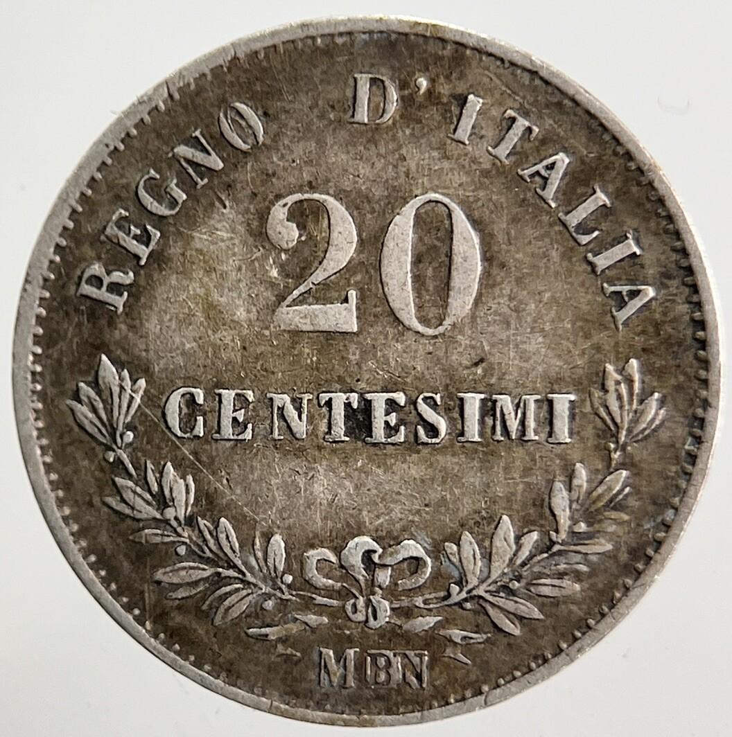1863 Italy 20 Centesimi Silver Coin | Very High Grade | a5358
