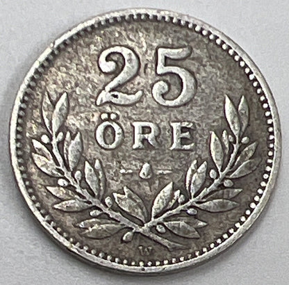 1927-W Sweden 25 Ore Silver Coin | Collectable Grade | a551