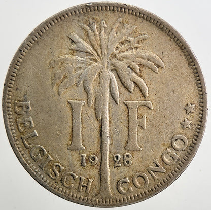 1928 Belgium Congo 1 Franc Coin | Fine Collectable Grade | a5396