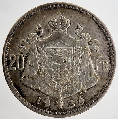 1934 Belgium 20 Francs Silver Coin | Fine Collectable Grade | a6879