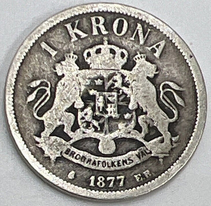 1877 Sweden 1 One Krona Silver Coin | Collectable Grade | a391