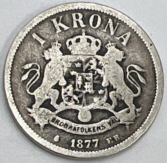 1877 Sweden 1 One Krona Silver Coin | Collectable Grade | a391