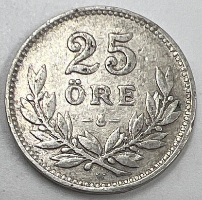 1927-W Sweden 25 Ore Silver Coin | Fair Grade | a552