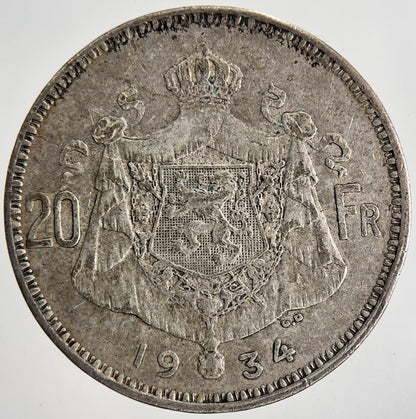 1934 Belgium 20 Francs Silver Coin | Fine Collectable Grade | a6878