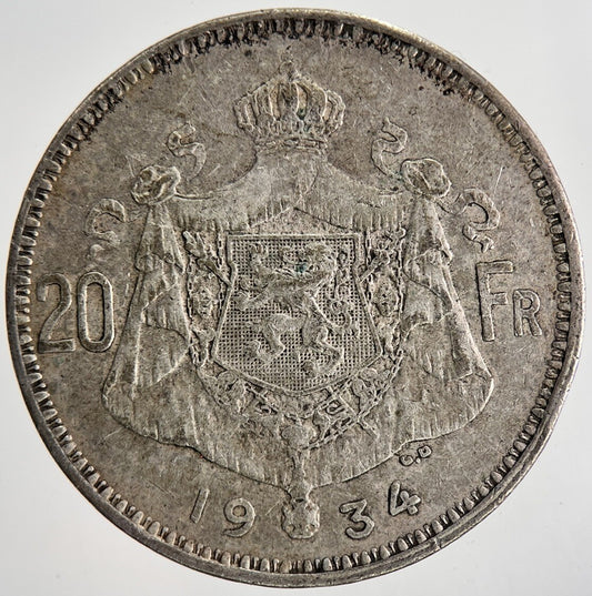 1934 Belgium 20 Francs Silver Coin | Fine Collectable Grade | a6878